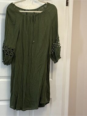 Mlle Gabrielle Women’s L Olive Crinkled gauzy lined knee length dress